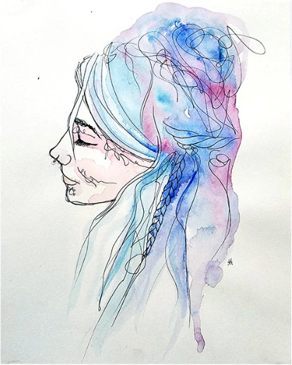 A woman in profile with blue braided hair