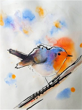 A small bird on a branch with blue and orange splashes