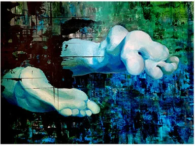 Two feet against green and blue marks