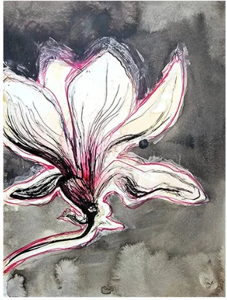 A magnolia flower with dark washes
