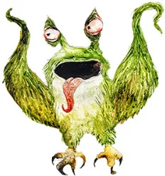 A green furry creature with wide eyes and an open mouth