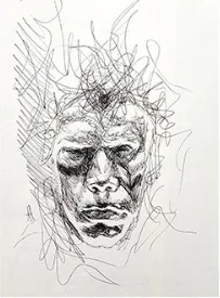 An expressive scribbled portrait of a man's face