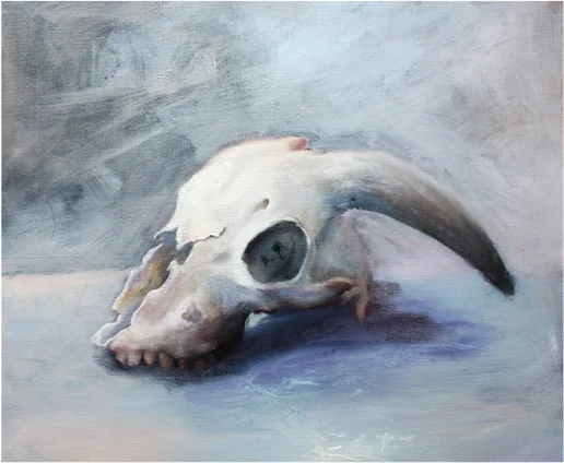 A horned skull on a pale blue ground