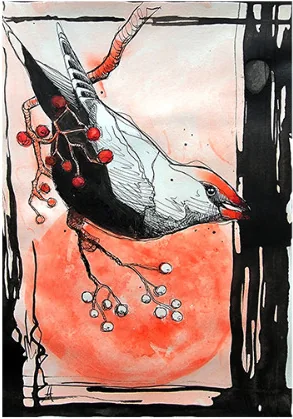A bird among red berries, framed in black ink