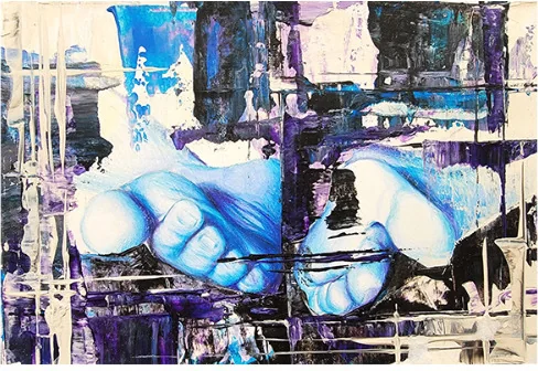 Two hands against blue and violet abstract marks