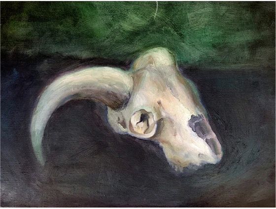 A horned skull against dark green