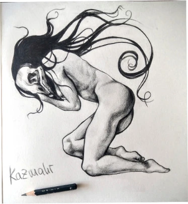 A kneeling nude figure with long dark hair