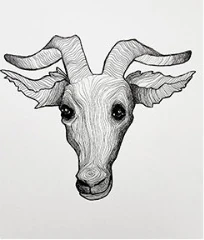 The head of a horned animal with large dark eyes