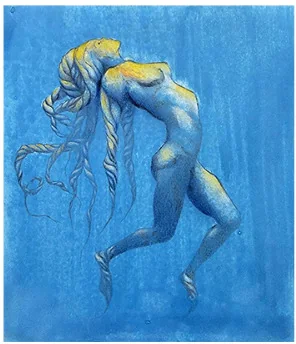 A striding blue figure with yellow hair