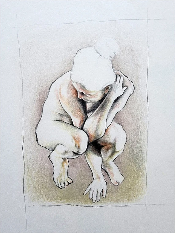 A crouching nude figure with head bowed