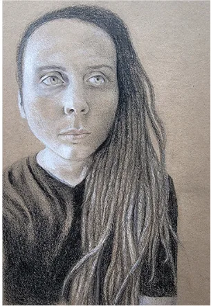 A young woman with long hair, drawn on brown paper