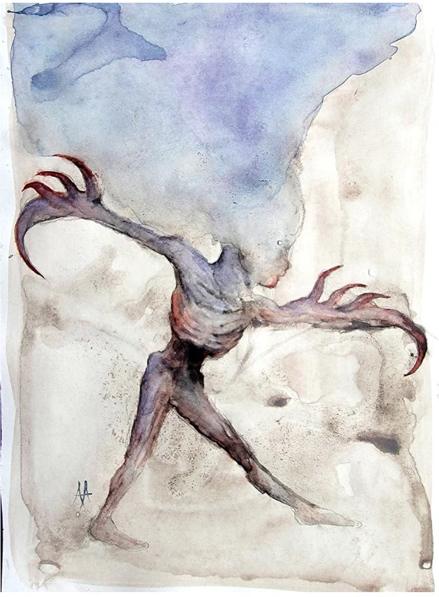 A striding figure with branching antler-like arms