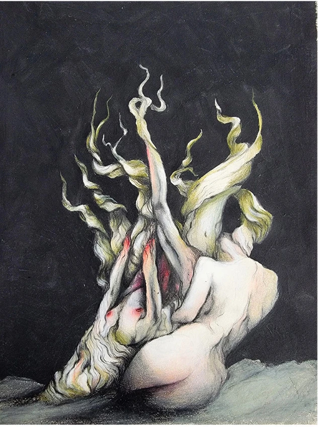 A seated nude figure with pale leaf-like forms growing from the back