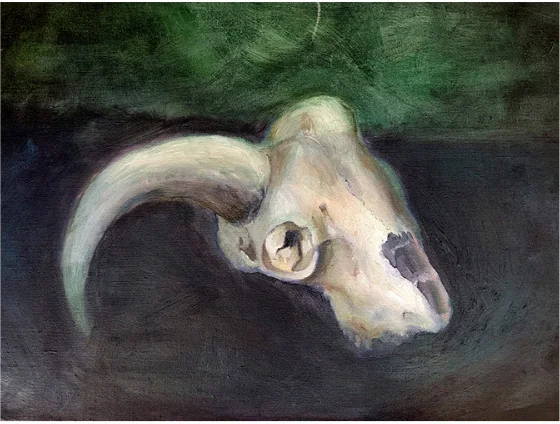 A horned skull against dark green