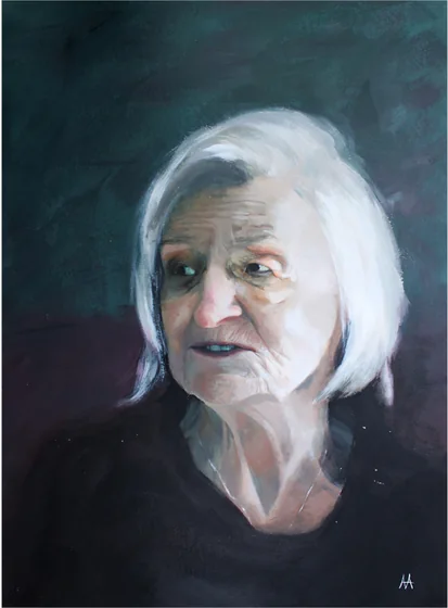 An elderly woman with white hair, lit from the side