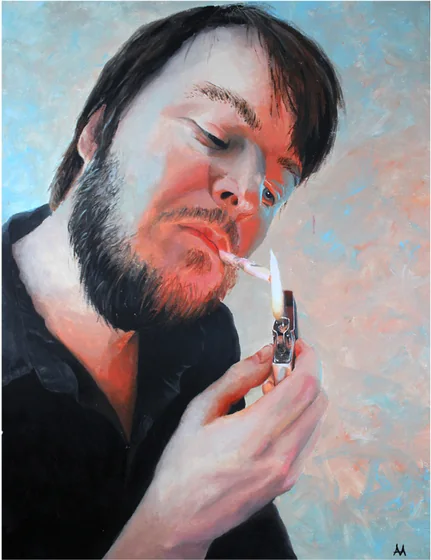 A bearded man lighting a cigarette against a pale blue and pink ground