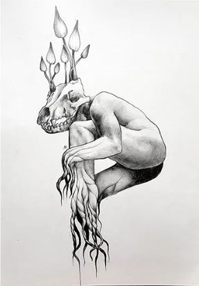 A crouching figure with antler-like growths and rooted feet