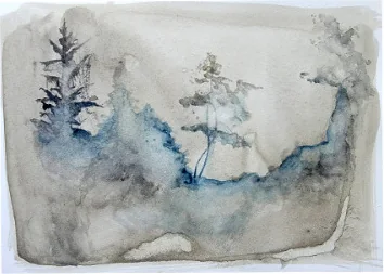 Sparse trees on a pale hillside in blue-grey washes