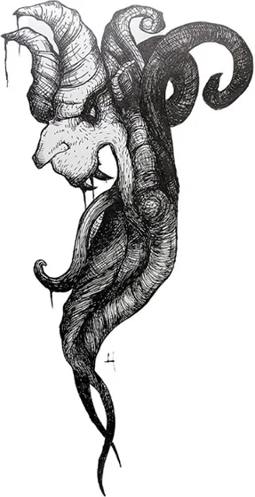 A creature with curling ram horns and trailing tentacles