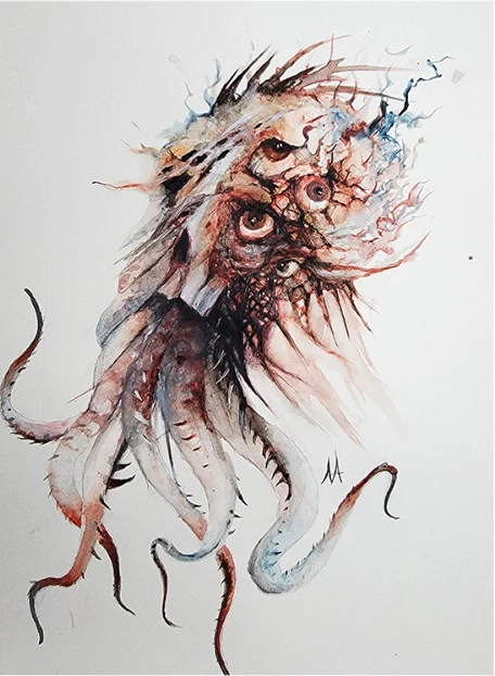 A bristling creature with many eyes and hanging tentacles