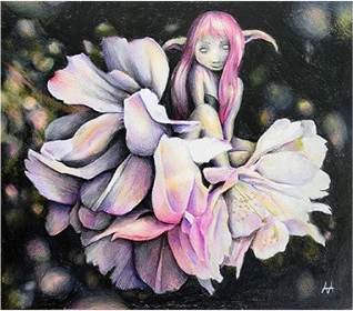 A pink-haired figure seated in a pale blossom