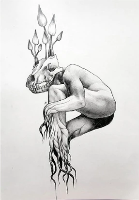 A crouching figure with antler-like growths and rooted feet
