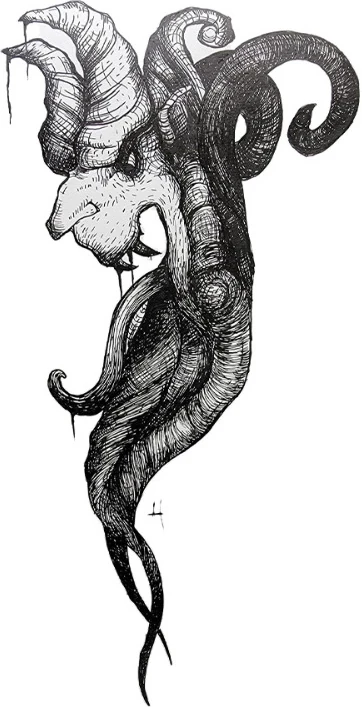 A creature with curling ram horns and trailing tentacles