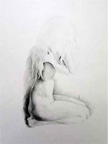 A seated figure with head bowed, lightly drawn