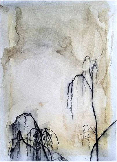 Branches of a weeping tree against a pale washed ground