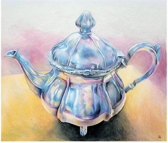 A silver teapot on yellow and pink