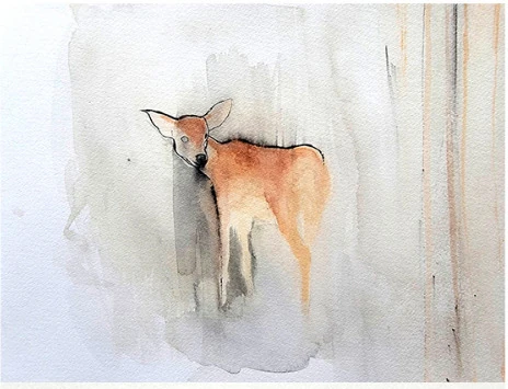 A young deer standing between pale vertical washes