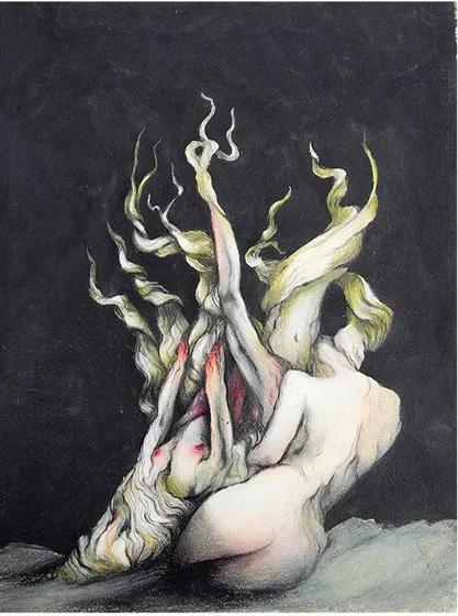 A seated nude figure with pale leaf-like forms growing from the back
