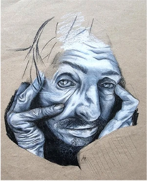 A grimacing man's face with wide eyes and a moustache