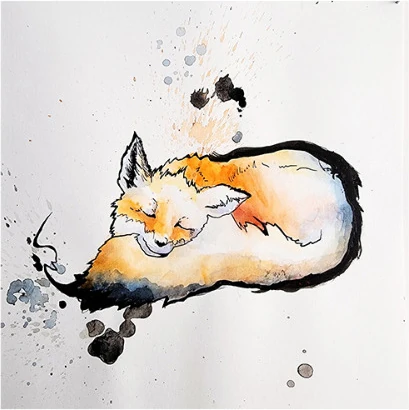 A fox curled asleep with black ink splashes