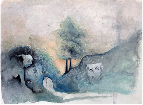 Two bears in a misty blue landscape