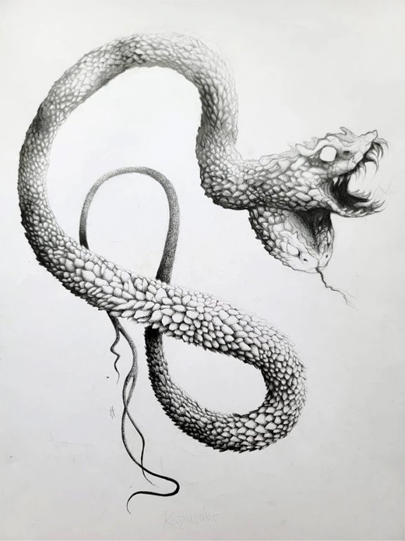 A coiled snake with a horned head