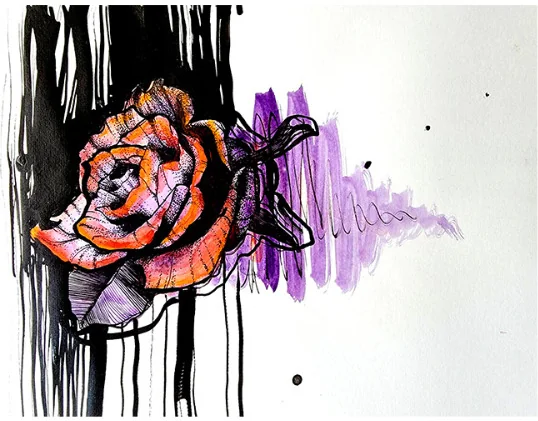 An orange rose against dripping black and violet