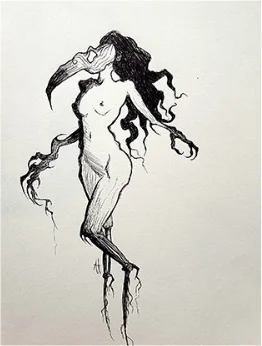 A standing nude figure with a beaked mask and flowing hair