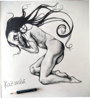 A kneeling nude figure with long dark hair
