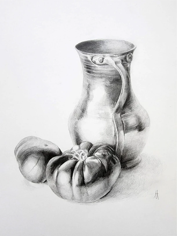A metal jug beside a small pumpkin