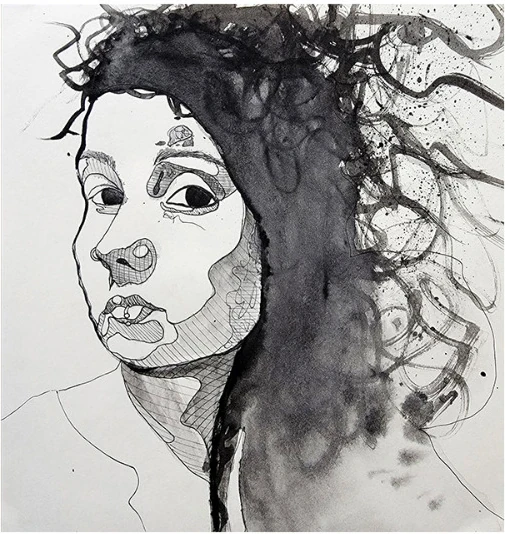 A woman's face with flowing dark hair in ink