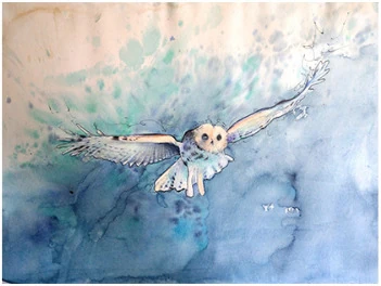 A barn owl in flight against blue