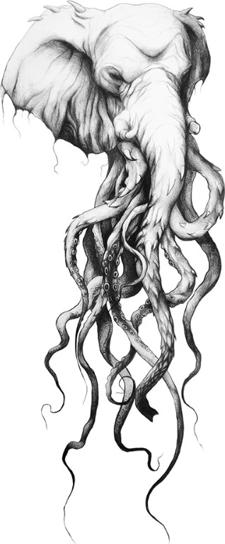 An elephant's head merging into tentacles, drawn in fine grey tones