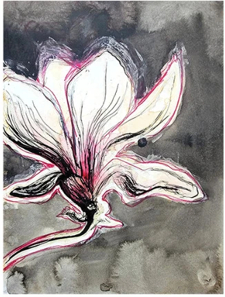 A magnolia flower with dark washes