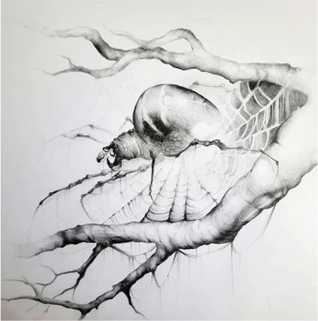 A skull and web on a bare branch