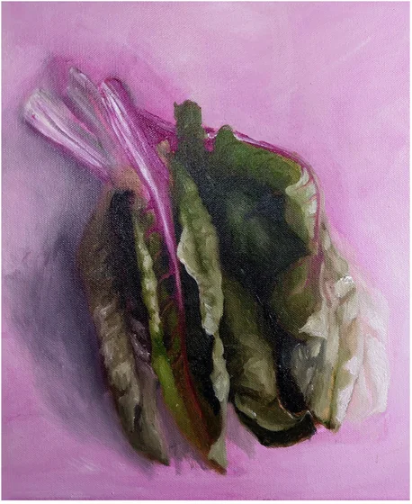 Dark leaves with pink stems on a violet ground