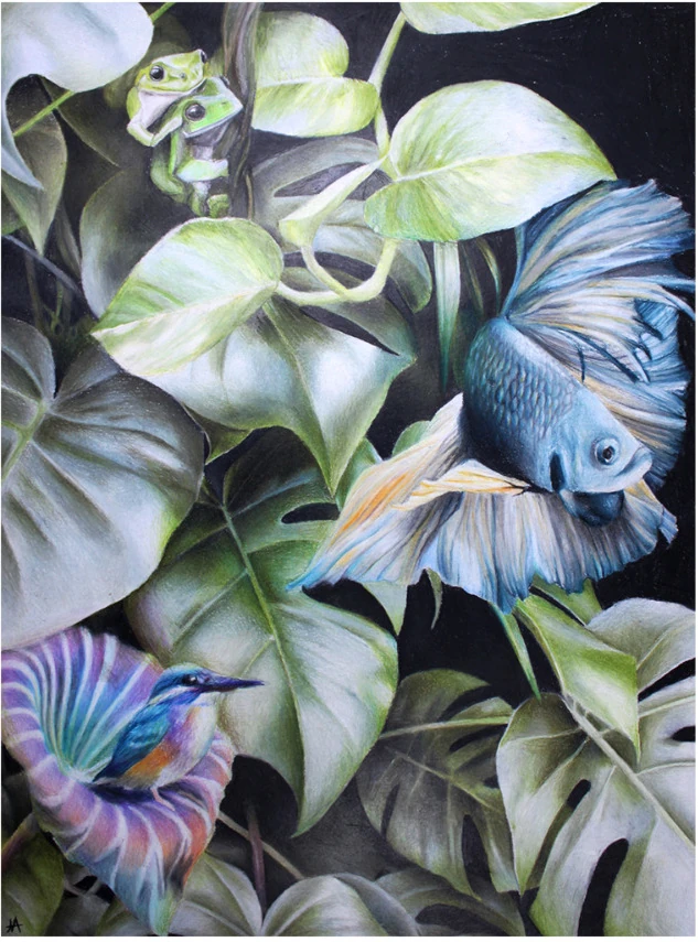 A blue fish and a green frog among broad leaves, with a small bird