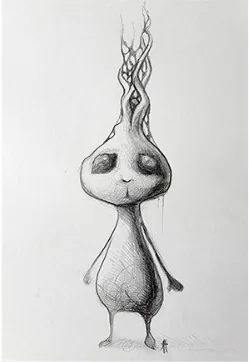 A small round-eyed creature with a sprouting head