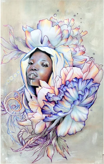 A woman's face framed by large peony petals