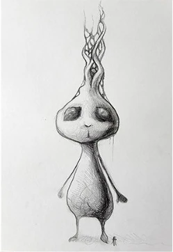 A small round-eyed creature with a sprouting head
